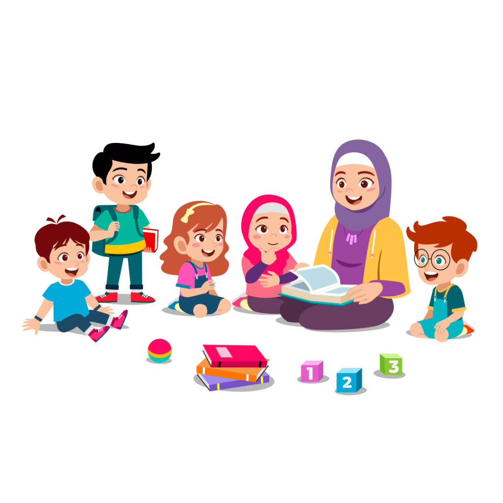 Muslim teacher reading to a group of happy children during an Islamic storytelling session, promoting faith-based early education and community learning.