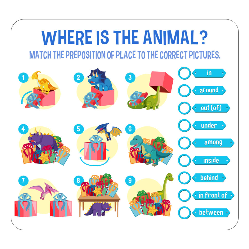 Interactive educational worksheet for kids showing dinosaurs and gift boxes to teach prepositions of place like under, behind, among, and in front of.